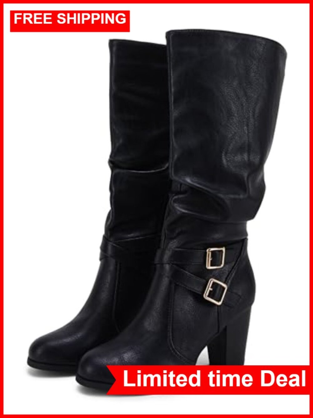 Womens Mid Calf Boots Chunky Heel Faux Leather Slouchy Buckle Side Zip